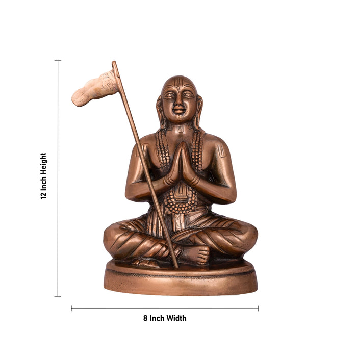 Ramanujar Sitting On Base Murti - 12 x 8 Inches | Copper Oxidised Idol/ Ramanujan Statue Showpiece