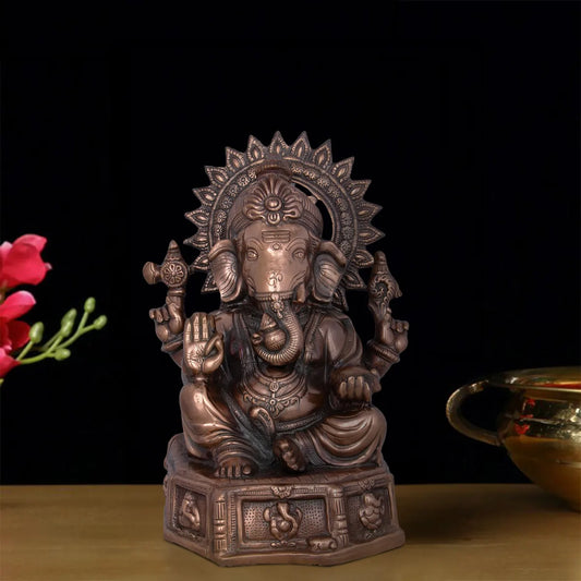 Ganesh Murti With Base - 17 x 12 Inches | Copper Oxidised Ganpati Idol/ Vinayaka Statue for Pooja/ 2.680 Kgs - Copper Murties