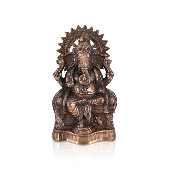 Ganesh Murti Sitting On Base - 19 X 10.5 Inches | Copper Oxidised Vinayaka Idol/ Ganpati Murti For Worship - Copper Murties