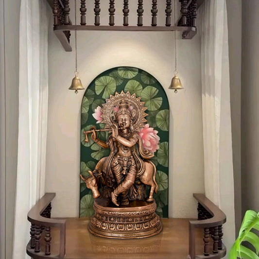 Krishna Murti - 28 x 10 Inches | Copper Oxidised Murti/ Cow Krishna Idol/ Standing Krishna Statue for Pooja/ 3.960 Kgs - Copper Murties