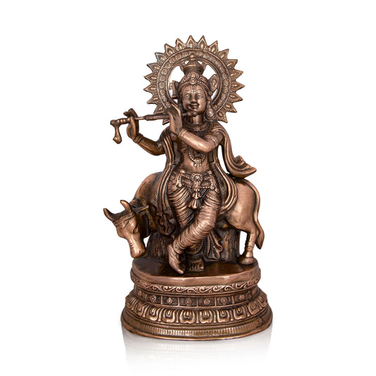 Krishna Murti - 28 x 10 Inches | Copper Oxidised Murti/ Cow Krishna Idol/ Standing Krishna Statue for Pooja/ 3.960 Kgs - Copper Murties