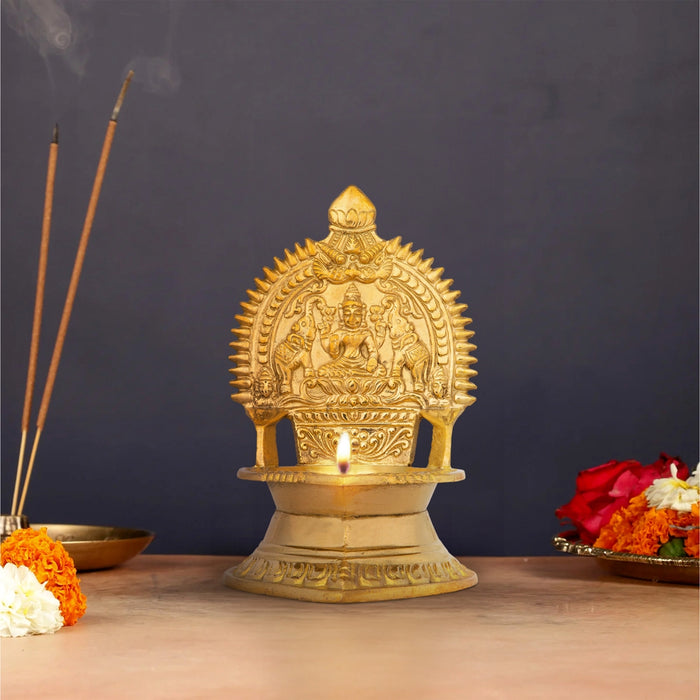 Brass Kamakshi Lamp - 5 x 4 Inches | Gold Polish Vilakku/ Kamatchi Diya for Pooja/ 255 Gms Approx