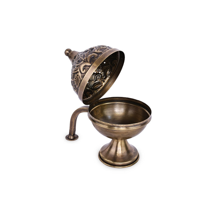 Sambrani Burner With Base - 7.5 x 6.5 Inches | Flower Design Lid Dhoop Dhani/ Dhoopakal With Handle for Pooja - Sambrani Stand