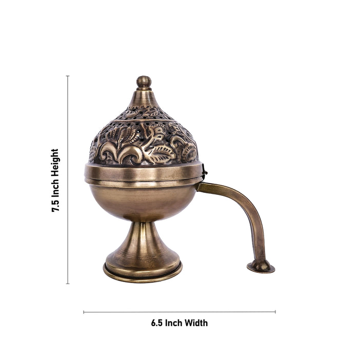 Sambrani Burner With Base - 7.5 x 6.5 Inches | Flower Design Lid Dhoop Dhani/ Dhoopakal With Handle for Pooja - Sambrani Stand