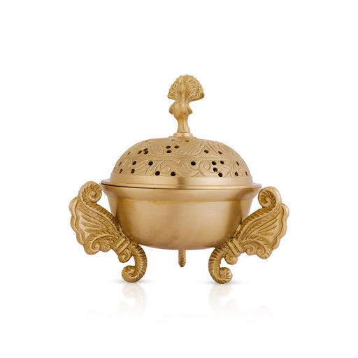 Brass Dhoop Stand With Leg - 6 X 4.5 Inches | Sambrani Stand With Lid/ Peacock Handle Dhoopakal For Pooja - Sambrani Stand