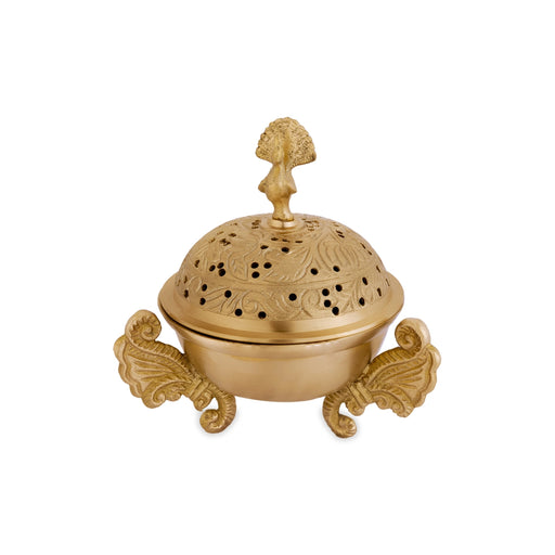 Brass Dhoop Stand With Leg - 6 X 4.5 Inches | Sambrani Stand With Lid/ Peacock Handle Dhoopakal For Pooja - Sambrani Stand