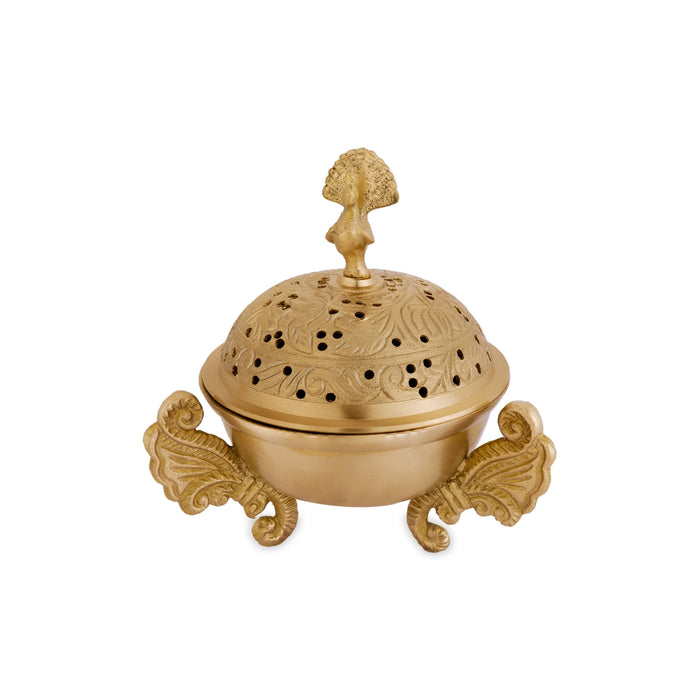 Brass Dhoop Stand With Leg - 6 X 4.5 Inches | Sambrani Stand With Lid/ Peacock Handle Dhoopakal For Pooja - Sambrani Stand