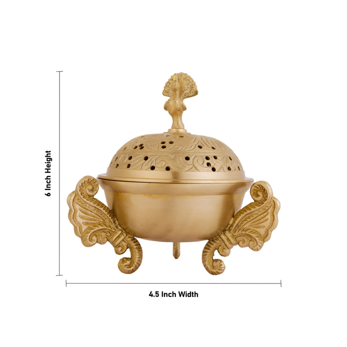 Brass Dhoop Stand With Leg - 6 X 4.5 Inches | Sambrani Stand With Lid/ Peacock Handle Dhoopakal For Pooja - Sambrani Stand