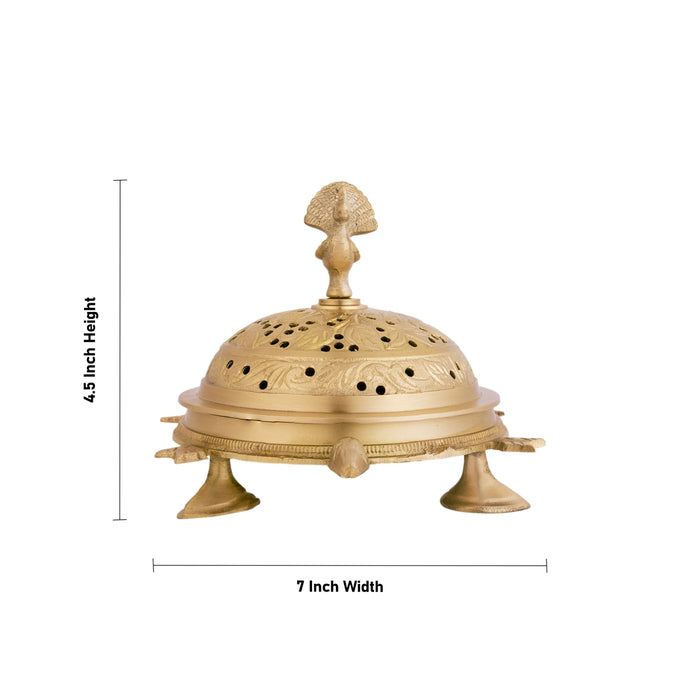 Tortoise Design Dhoop Stand With Leg- 4.5 X 7 Inches | Brass Sambrani Stand/ Peacock Handle Dhoopakal For Pooja - Sambrani Stand