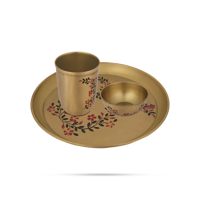 Brass Pooja Thali Set - 10 Inches | Enamel Design Bowl/ Plate/ Tumbler/ Pooja Set For Religious Ceremonies - Pooja Thali Sets