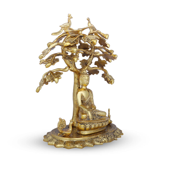 Buddha Statue Sitting Under Tree - 9 x 14 Inches | Aluminium Statue/ Gold Polish Buddha Murti for Home/ 3.140 Kgs - Gold Polish Murties
