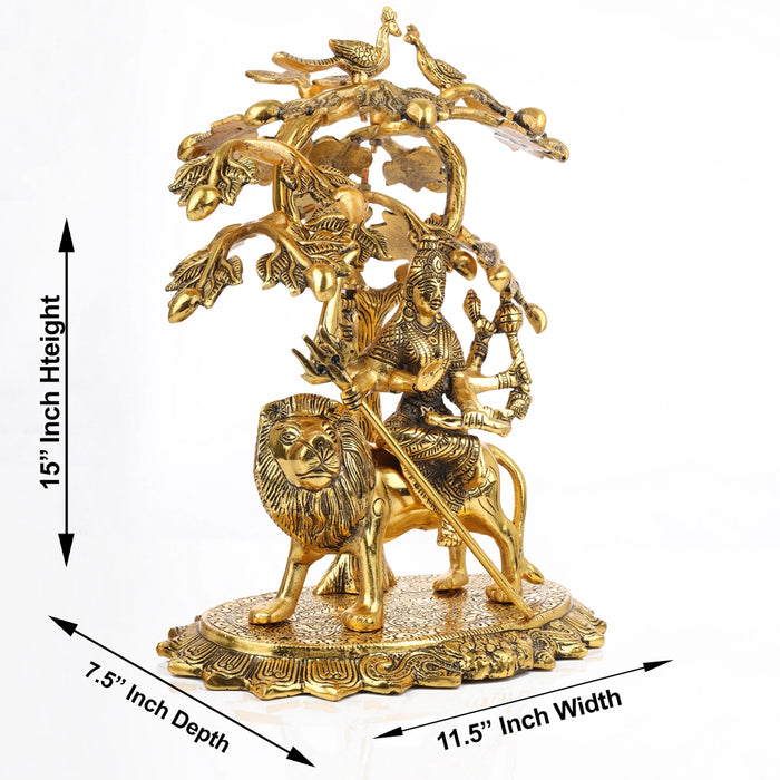 Durga Murti Sitting Under Tree - 15 x 11.5 Inches | Aluminium Durga Idol/ Gold Polish Durga for Pooja/3.085 Kgs - Gold Polish Murties