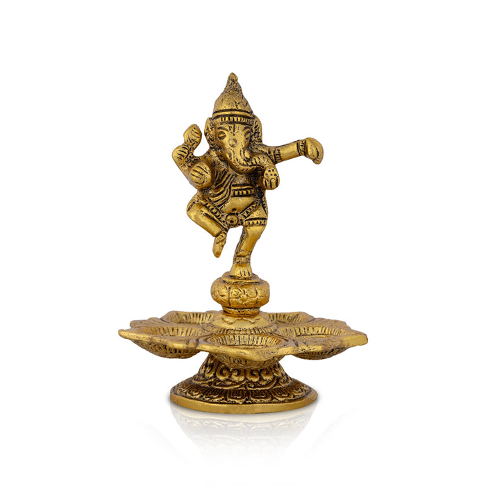 5 Face Deep With Dancing Ganesh - 5.5 x 4 Inches | Metal Vilakku/ Gold Polish Lamp With Base for Home - 5 Faced lamp