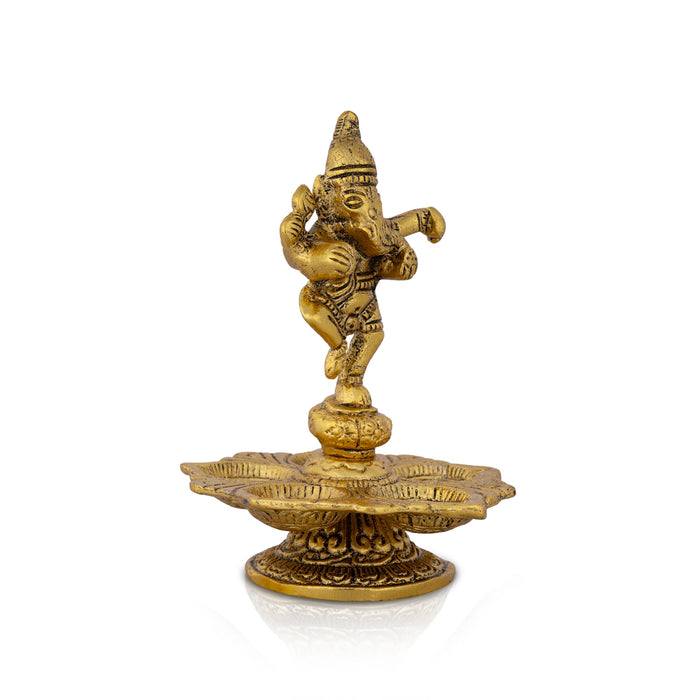5 Face Deep With Dancing Ganesh - 5.5 x 4 Inches | Metal Vilakku/ Gold Polish Lamp With Base for Home - 5 Faced lamp