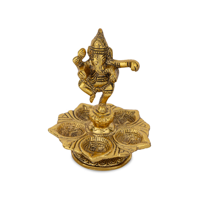 5 Face Deep With Dancing Ganesh - 5.5 x 4 Inches | Metal Vilakku/ Gold Polish Lamp With Base for Home - 5 Faced lamp