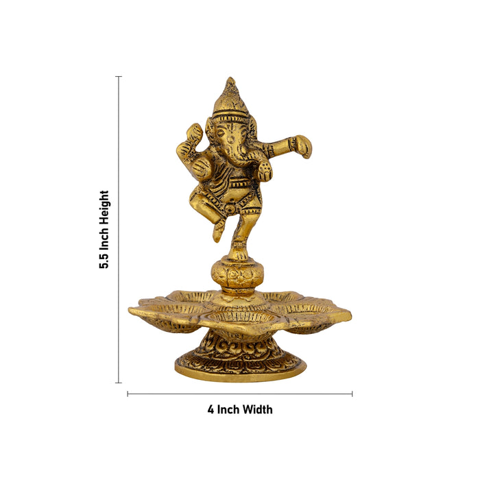 5 Face Deep With Dancing Ganesh - 5.5 x 4 Inches | Metal Vilakku/ Gold Polish Lamp With Base for Home - 5 Faced lamp