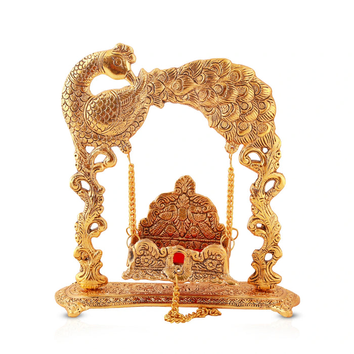 Jhula - 9 x 9 Inches | Peacock Design Jhoola/ Aluminium Material/ Laddu Gopal Jhula/ Krishna Jhula for Deity - Jhulas & Unjal Items