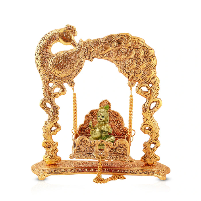 Jhula - 9 x 9 Inches | Peacock Design Jhoola/ Aluminium Material/ Laddu Gopal Jhula/ Krishna Jhula for Deity - Jhulas & Unjal Items