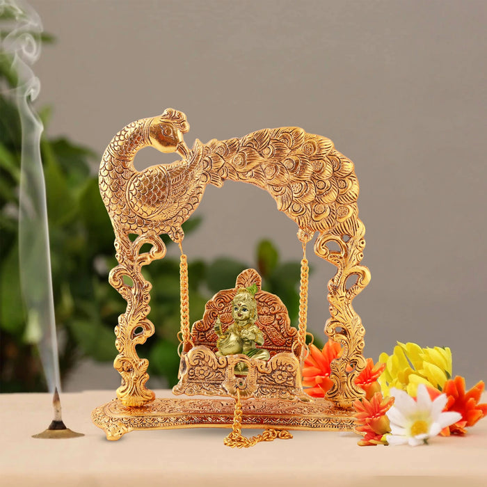 Jhula - 9 x 9 Inches | Peacock Design Jhoola/ Aluminium Material/ Laddu Gopal Jhula/ Krishna Jhula for Deity - Jhulas & Unjal Items