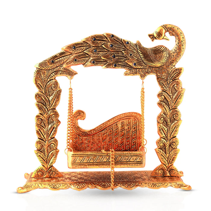 Jhula - 10 x 11 Inches | Peacock Design Jhoola/ Aluminium Material/ Laddu Gopal Jhula/ Krishna Jhula for Deity - Jhulas & Unjal Items