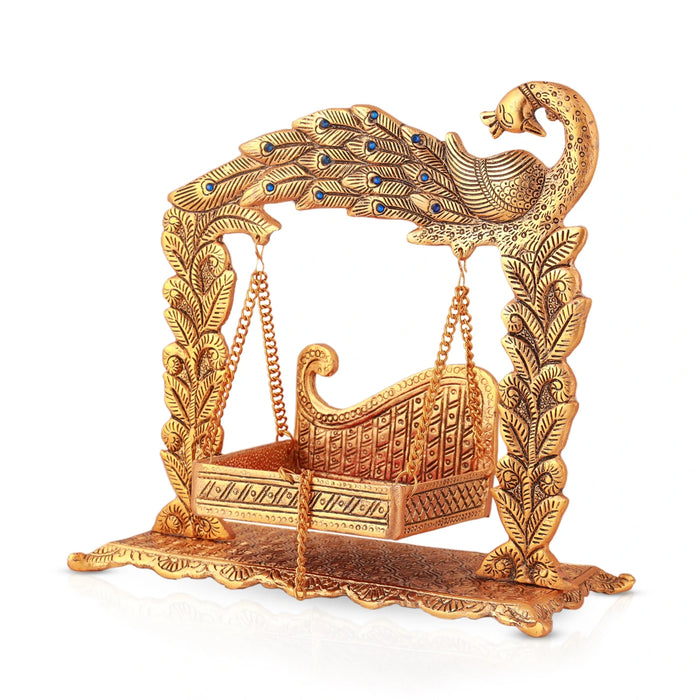 Jhula - 10 x 11 Inches | Peacock Design Jhoola/ Aluminium Material/ Laddu Gopal Jhula/ Krishna Jhula for Deity - Jhulas & Unjal Items