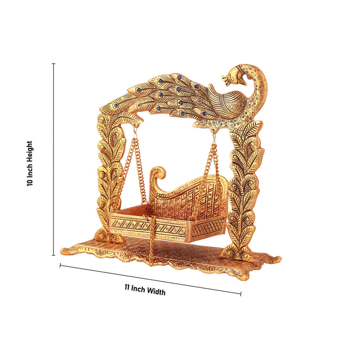 Jhula - 10 x 11 Inches | Peacock Design Jhoola/ Aluminium Material/ Laddu Gopal Jhula/ Krishna Jhula for Deity - Jhulas & Unjal Items