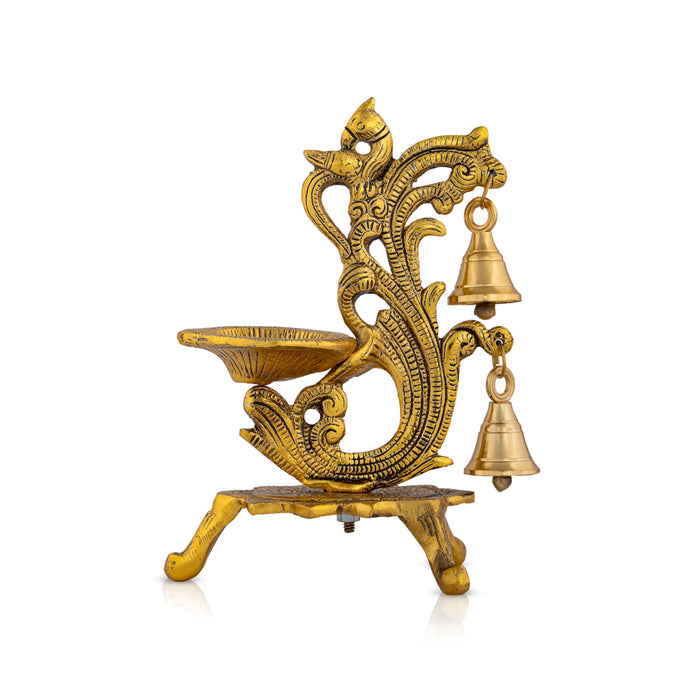 Metal Deepam With Leg - 7 x 7.5 Inches | Parrot Design Lamp With Bell/ Gold Polish Vilakku for Home - Decorative Lamp