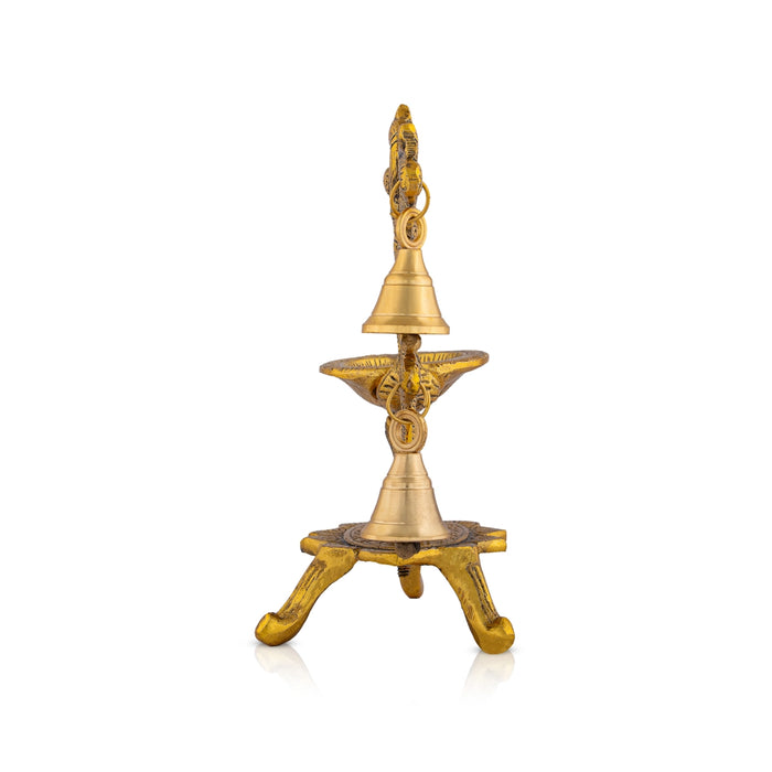 Metal Deepam With Leg - 7 x 7.5 Inches | Parrot Design Lamp With Bell/ Gold Polish Vilakku for Home - Decorative Lamp