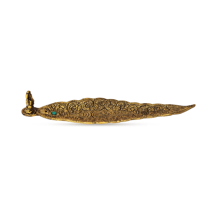 Agarbathi Stand - 1.5 x 8.5 Inches | Aluminium Gold Polish Holder/ Ganesha & Leaf Design Stand for Incense Sticks
