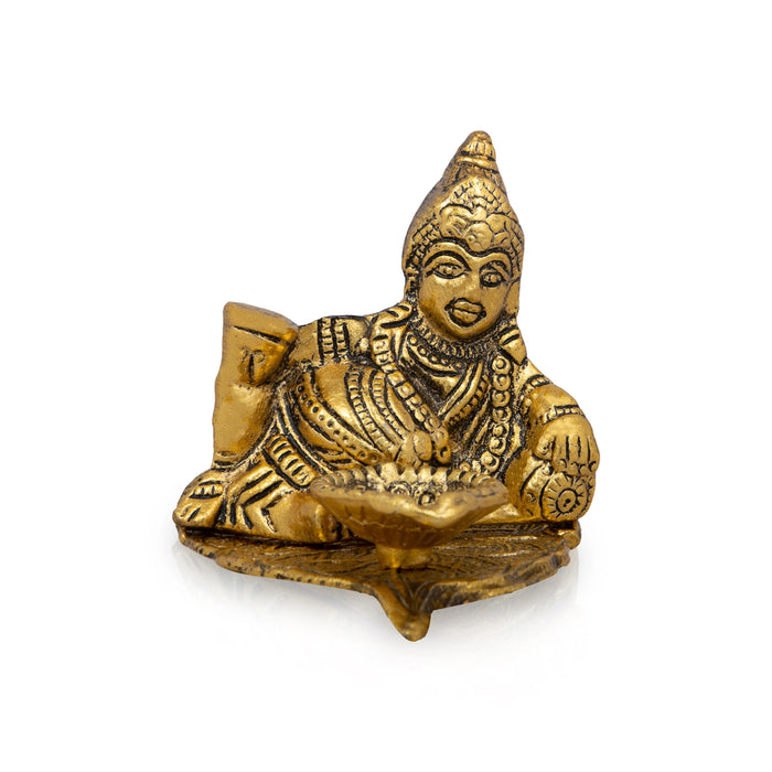 Kuber Idol Sitting On Leaf With Lamp - 4 x 4.5 Inches | Aluminium Deepam/ Gold Polish Vilakku for Pooja/ 115 Gms - Decorative Lamp