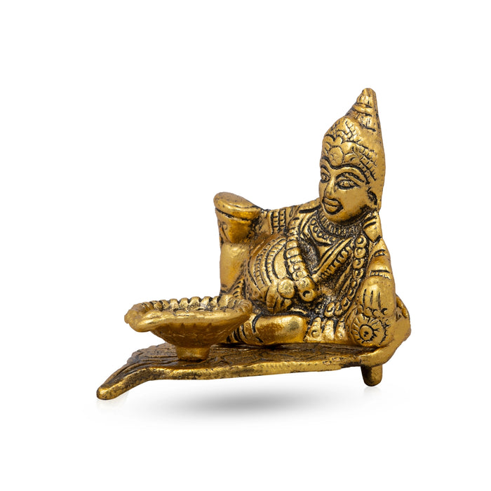 Kuber Idol Sitting On Leaf With Lamp - 4 x 4.5 Inches | Aluminium Deepam/ Gold Polish Vilakku for Pooja/ 115 Gms - Decorative Lamp