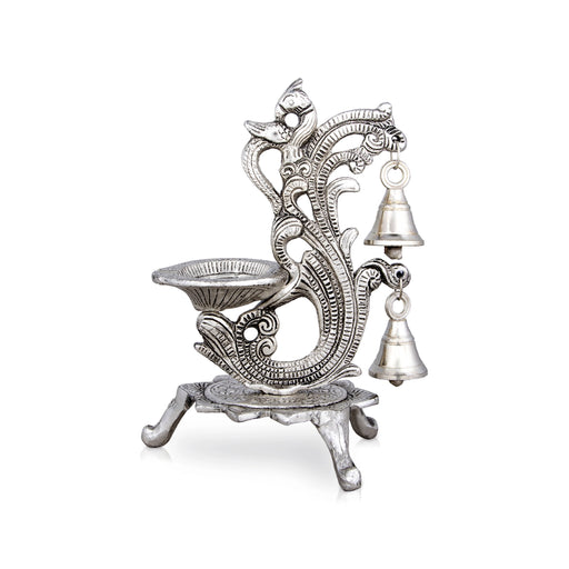 Peacock Design Lamp With Bell - 7 x 5 Inches | Silver Polish Vilakku With Base/ Fancy Deepam for Home/ 235 Gms - Decorative Lamp