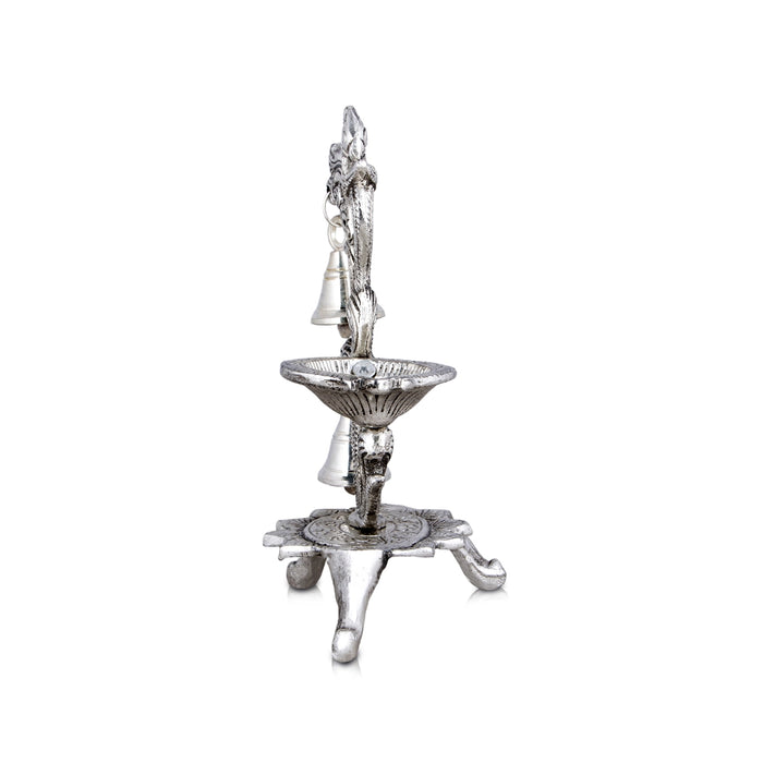Peacock Design Lamp With Bell - 7 x 5 Inches | Silver Polish Vilakku With Base/ Fancy Deepam for Home/ 235 Gms - Decorative Lamp