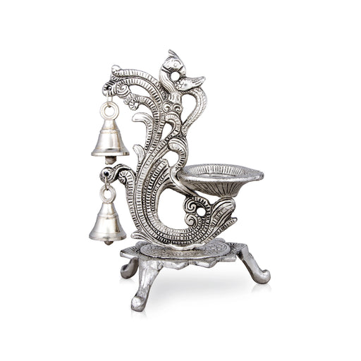 Peacock Design Lamp With Bell - 7 x 5 Inches | Silver Polish Vilakku With Base/ Fancy Deepam for Home/ 235 Gms - Decorative Lamp