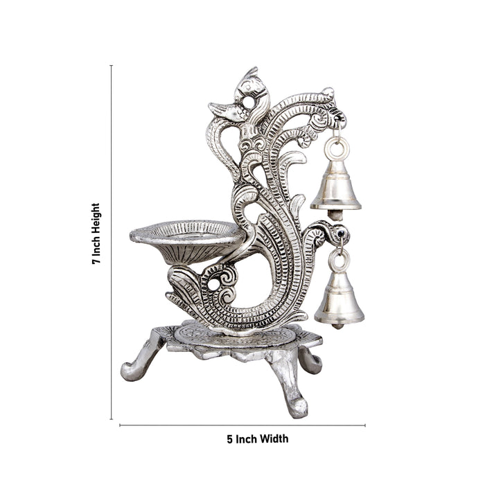 Peacock Design Lamp With Bell - 7 x 5 Inches | Silver Polish Vilakku With Base/ Fancy Deepam for Home/ 235 Gms - Decorative Lamp