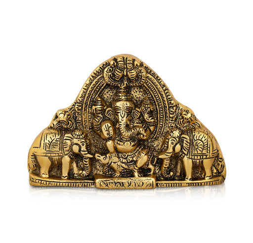 Ganesh Murti With Elephant Wall Hanging - 4.5 x 7 Inches | Aluminium & Gold Polish Wall Hanger for Home & Pooja - Wall Hanging