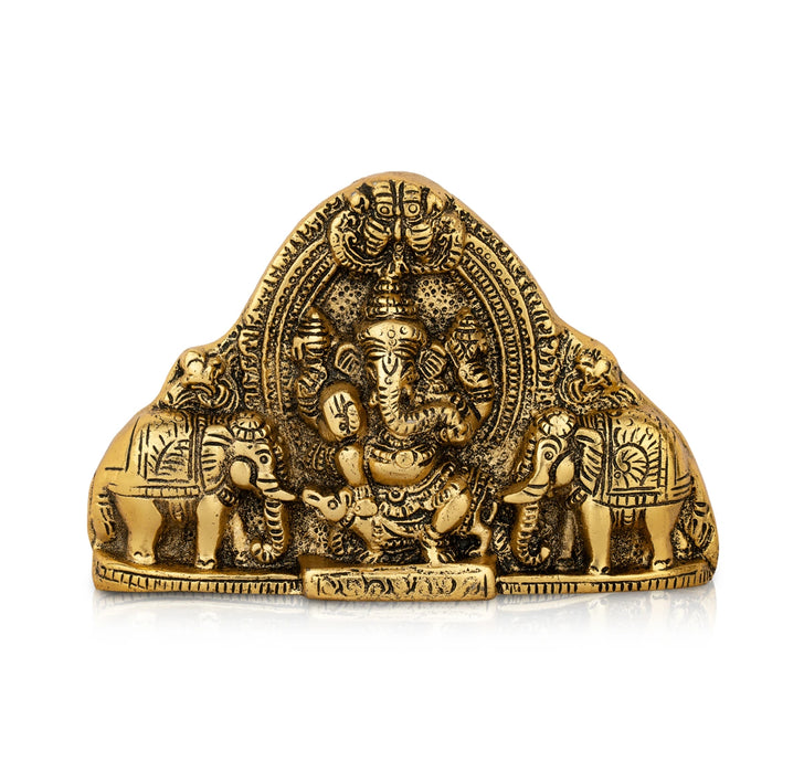 Ganesh Murti With Elephant Wall Hanging - 4.5 x 7 Inches | Aluminium & Gold Polish Wall Hanger for Home & Pooja - Wall Hanging