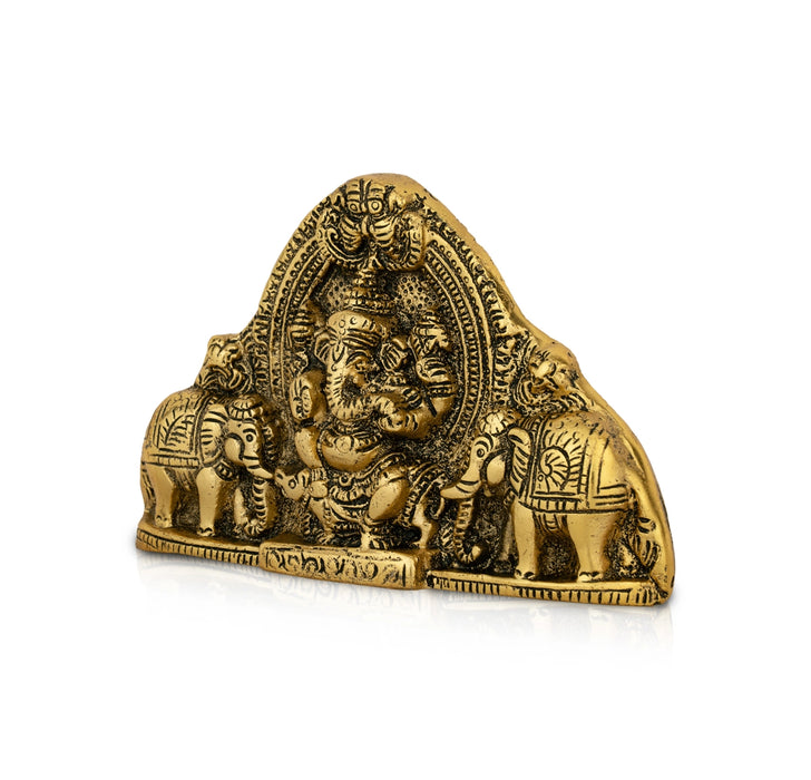 Ganesh Murti With Elephant Wall Hanging - 4.5 x 7 Inches | Aluminium & Gold Polish Wall Hanger for Home & Pooja - Wall Hanging