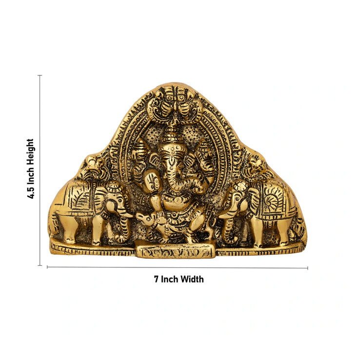 Ganesh Murti With Elephant Wall Hanging - 4.5 x 7 Inches | Aluminium & Gold Polish Wall Hanger for Home & Pooja - Wall Hanging