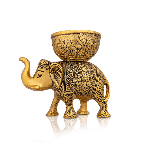 Elephant Carrying Pooja Bowl - 5.5 x 6 Inches | Aluminium Vessel/ Gold Polish Cup for Home/ 440 Gms Approx - Bowls
