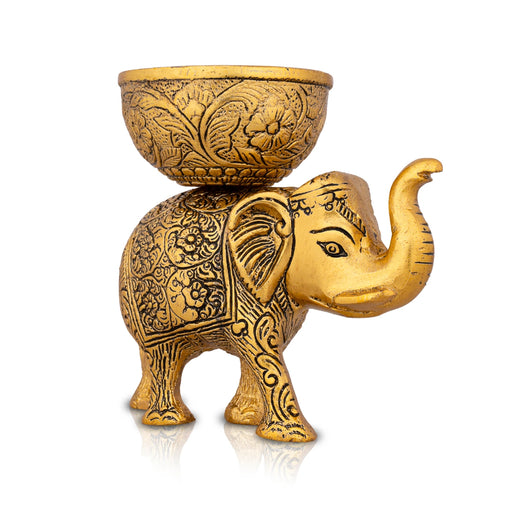 Elephant Carrying Pooja Bowl - 5.5 x 6 Inches | Aluminium Vessel/ Gold Polish Cup for Home/ 440 Gms Approx - Bowls
