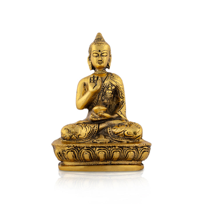 Buddha Statue Sitting On Flower Base - 5 x 3.5 Inches | Aluminium Buddha Murti/ Gold Polish Buddha Idol for Home - Gold Polish Murties