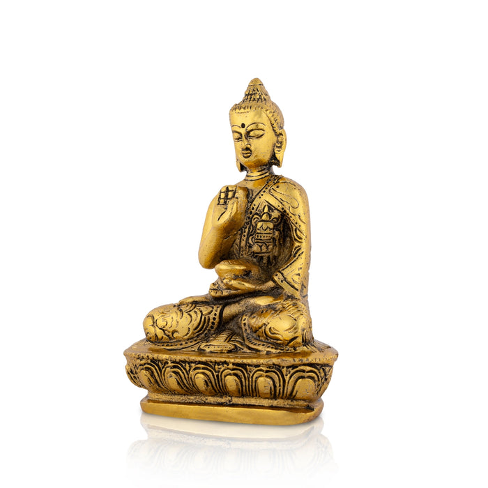Buddha Statue Sitting On Flower Base - 5 x 3.5 Inches | Aluminium Buddha Murti/ Gold Polish Buddha Idol for Home - Gold Polish Murties