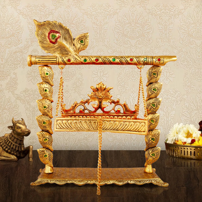 Jhula - 13 x 13 Inches | Flute Design Palana/ Aluminium Jhoola for Deity/ 1.050 Kgs Approx - Jhulas & Unjal Items