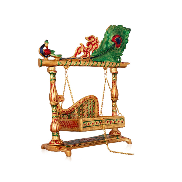 Jhula - 12 x 10.5 Inches | Gold Polish & Meena Pankhi Design Palana/ Aluminium Jhoola for Deity/ 905 Gms Approx - Jhulas & Unjal Items
