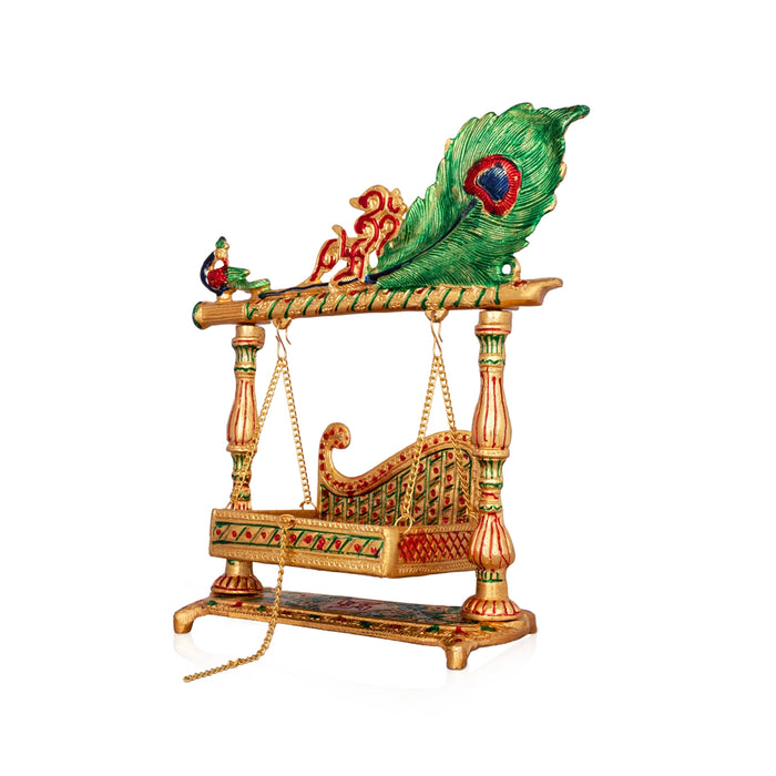 Jhula - 12 x 10.5 Inches | Gold Polish & Meena Pankhi Design Palana/ Aluminium Jhoola for Deity/ 905 Gms Approx - Jhulas & Unjal Items
