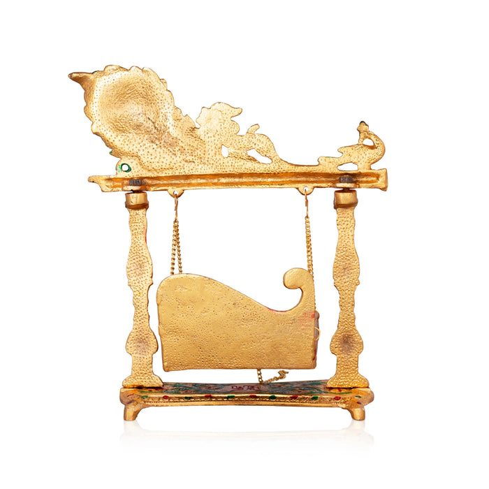 Jhula - 12 x 10.5 Inches | Gold Polish & Meena Pankhi Design Palana/ Aluminium Jhoola for Deity/ 905 Gms Approx - Jhulas & Unjal Items