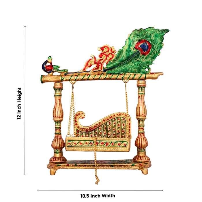Jhula - 12 x 10.5 Inches | Gold Polish & Meena Pankhi Design Palana/ Aluminium Jhoola for Deity/ 905 Gms Approx - Jhulas & Unjal Items