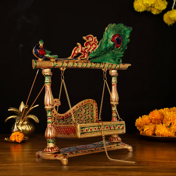 Jhula - 12 x 10.5 Inches | Gold Polish & Meena Pankhi Design Palana/ Aluminium Jhoola for Deity/ 905 Gms Approx - Jhulas & Unjal Items