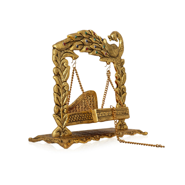Jhula - 11 x 11 Inches | Gold Polish & Peacock Design Palana/ Aluminium Jhoola for Deity/ 810 Gms Approx - Jhulas & Unjal Items
